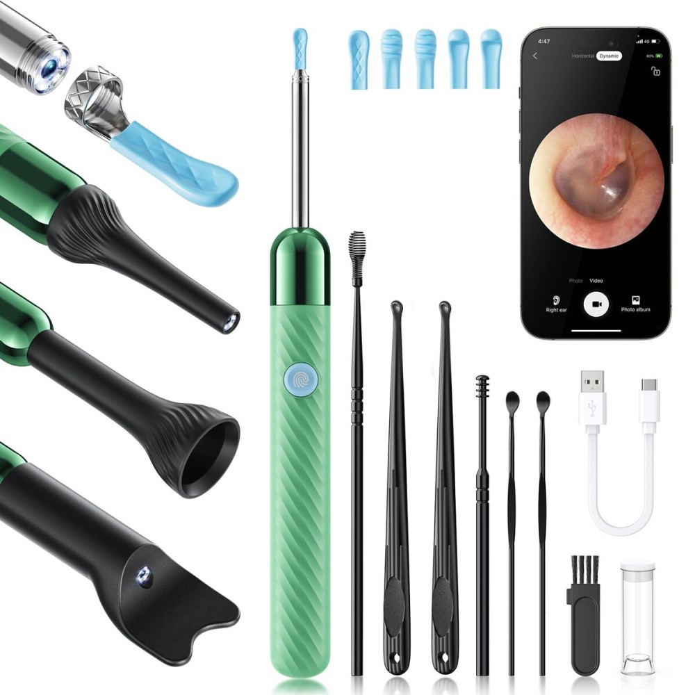 Ear Wax Removal Tool Camera Otoscope with Light, Ear Wax Removal Kit with 6 Ear Pick, Ear Camera- Green
