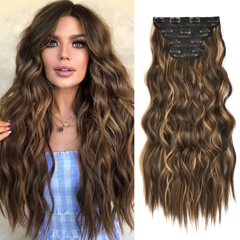 REECHO Hair Extensions, 4PCS Clip in Hair Extensions HE001 Natural Soft Synthetic Hairpieces for Women, Brown with Honey Blonde Highlights