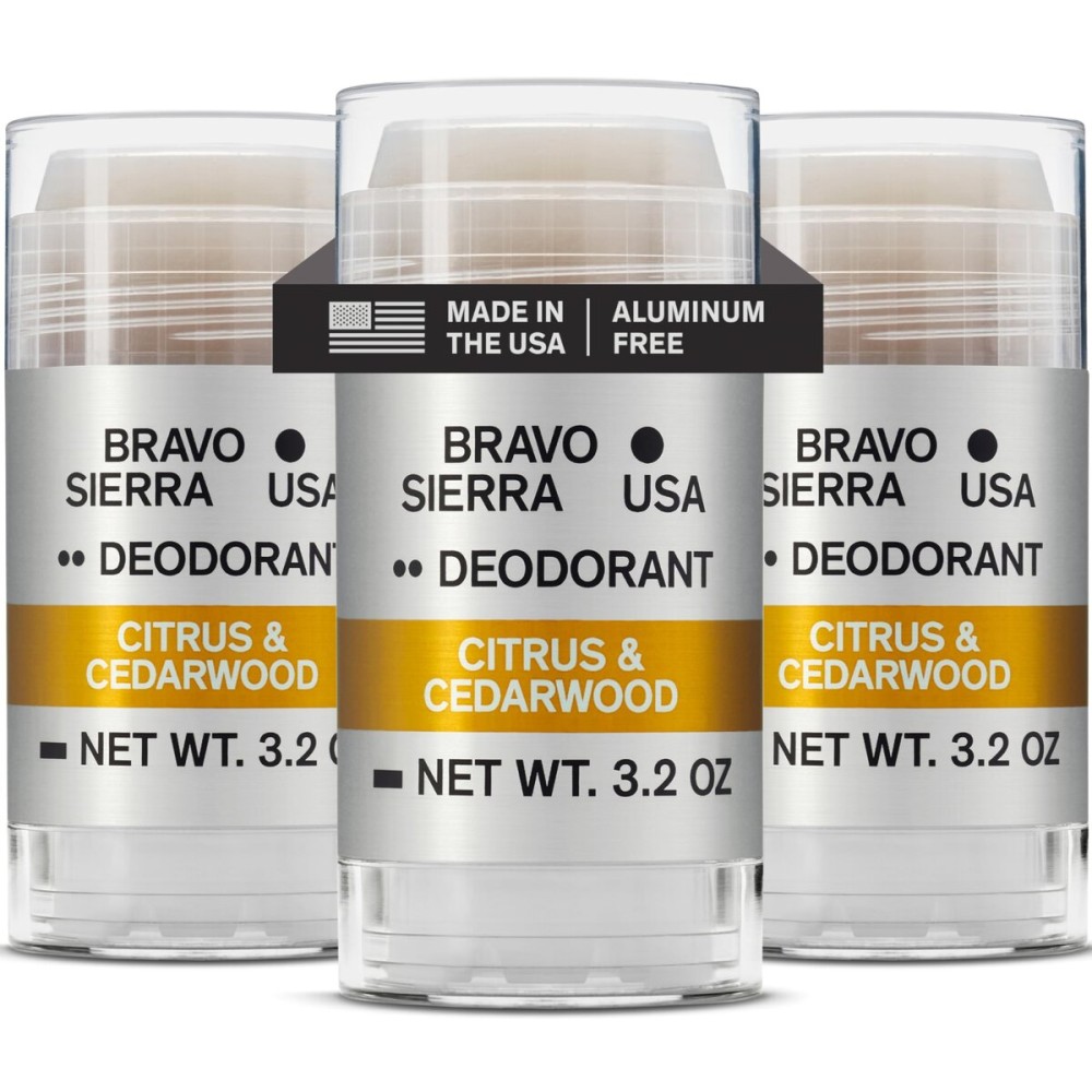 Aluminum-Free Deodorant for Men by Bravo Sierra, 3-Pack- Contains Natural Ingredients - Long Lasting All-Day Odor and Sweat Protection - Citrus and Cedarwood, 3.2 oz-Paraben-Free, Vegan & Cruelty-Free
