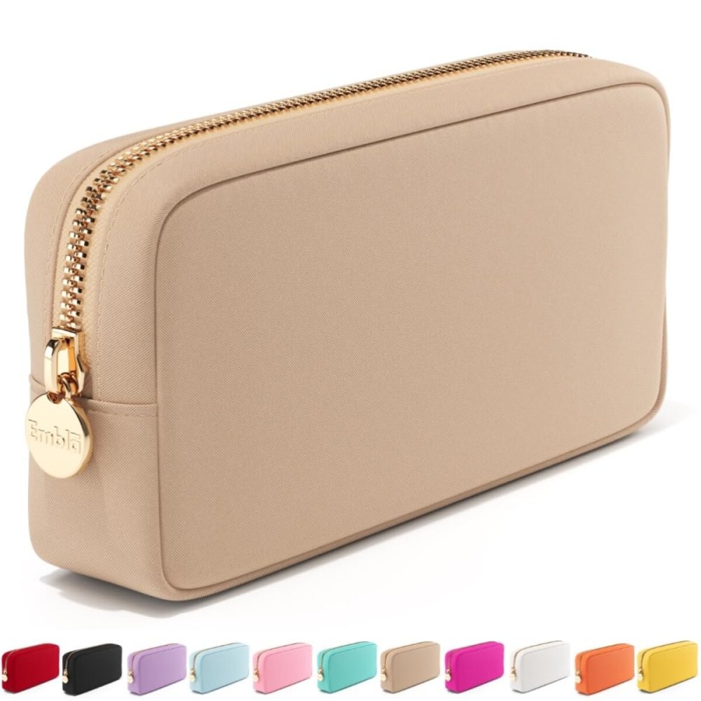 Makeup Bag Travel Cosmetics Pouch and Toiletry Bag, Nylon Zipper Pouch Purse, Cute Make Up Organizer Storage Tote for Women Girls, Waterproof Travel Skincare Case, Small Makeup Bags, Sand