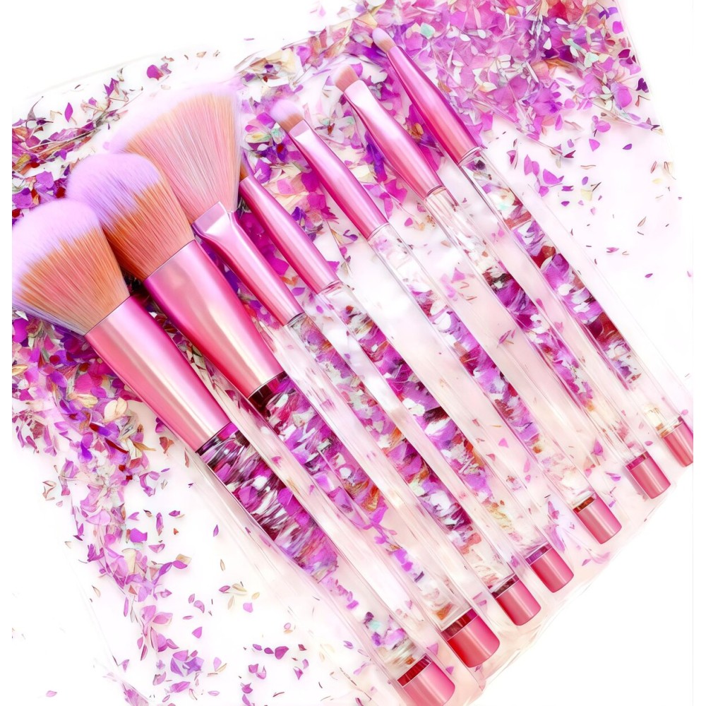 RAEEIKPHZ Sparkle Pink Makeup Brushes Set,Unicorn Glitter 7pc Foundation Blush Lip Nose Eyeshadow Eyebrow Loose Powder Fan Make Up Brushes Kit with Liquid for Kids Girls Teen Women Gift Present