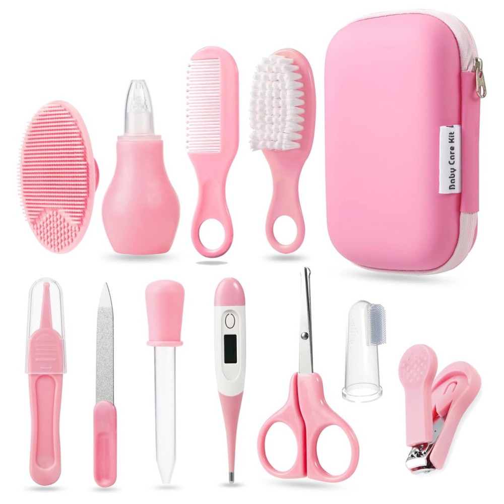 PandaEar Baby Healthcare and Grooming Kit, Baby Safety Set Baby Comb, Brush, Finger Toothbrush, Nail Clippers, Scissors, Nasal Aspirator, Baby Essentials Nursery Care Kit (Pink)