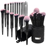 Bueart Design 18Pcs Pro Deluxe Fuchsia Pink Black Makeup Brushes set with Travel Make up Brush Holder case Foundation concealer contour Blush eyeshadow face make up brush set