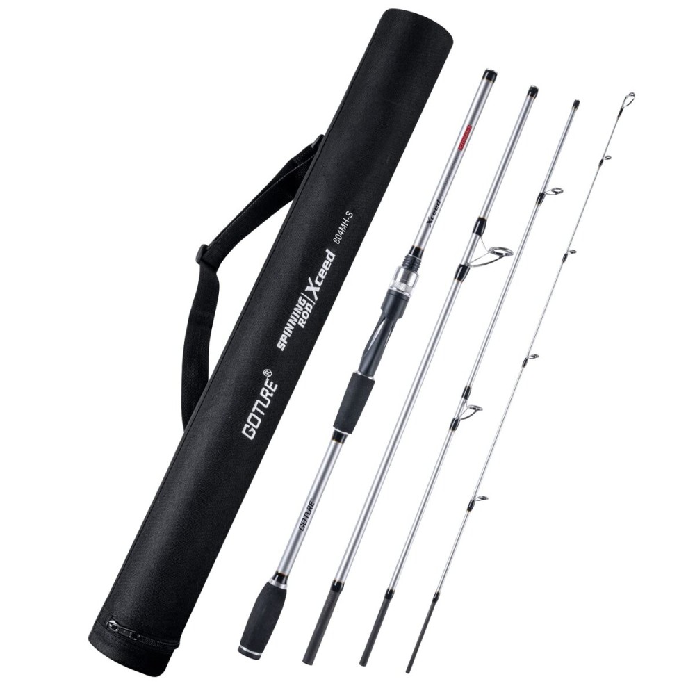 4 Piece Travel Spinning Fishing Rods Portable 4 Sections Lightweight Carbon Fiber Poles M Power MF Action 8ft Silver