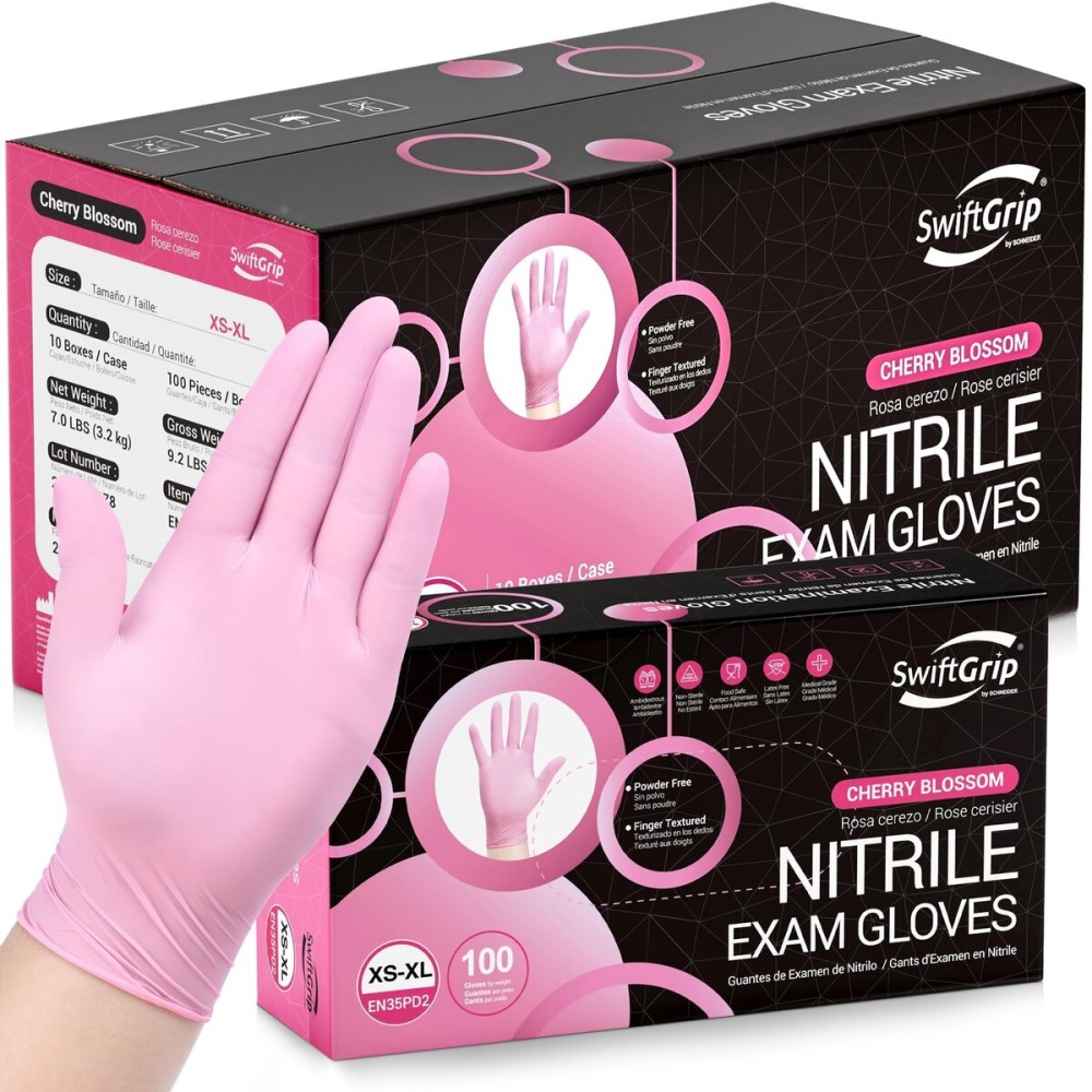 SwiftGrip Pink Nitrile Gloves, 3-mil, Industrial Gloves Disposable Latex Free, for Cleaning & Esthetician, Rubber Powder-Free, 1000-ct Case (Large) Large (Pack of 1000)