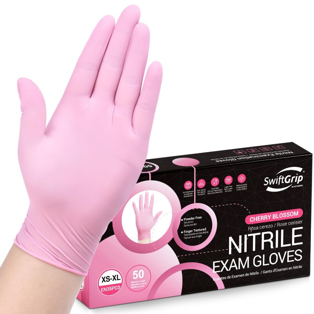 SwiftGrip Nitrile Disposable Gloves - Medical Exam Gloves, Latex-Free, Pink, Powder-Free, 50-ct Box (Small)