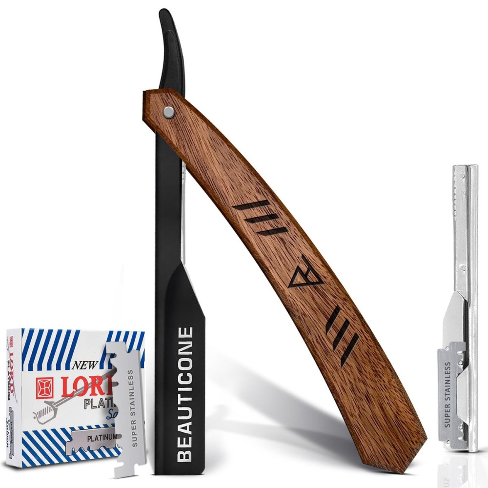 BEAUTICONE Straight Razors for Men, Straight Edge Razor with 100 Single Edge Blades, Stainless Steel, Barber Razor for Men\'s Shaving, Barber Shaving Knife, Wooden Handle, Slide-Out