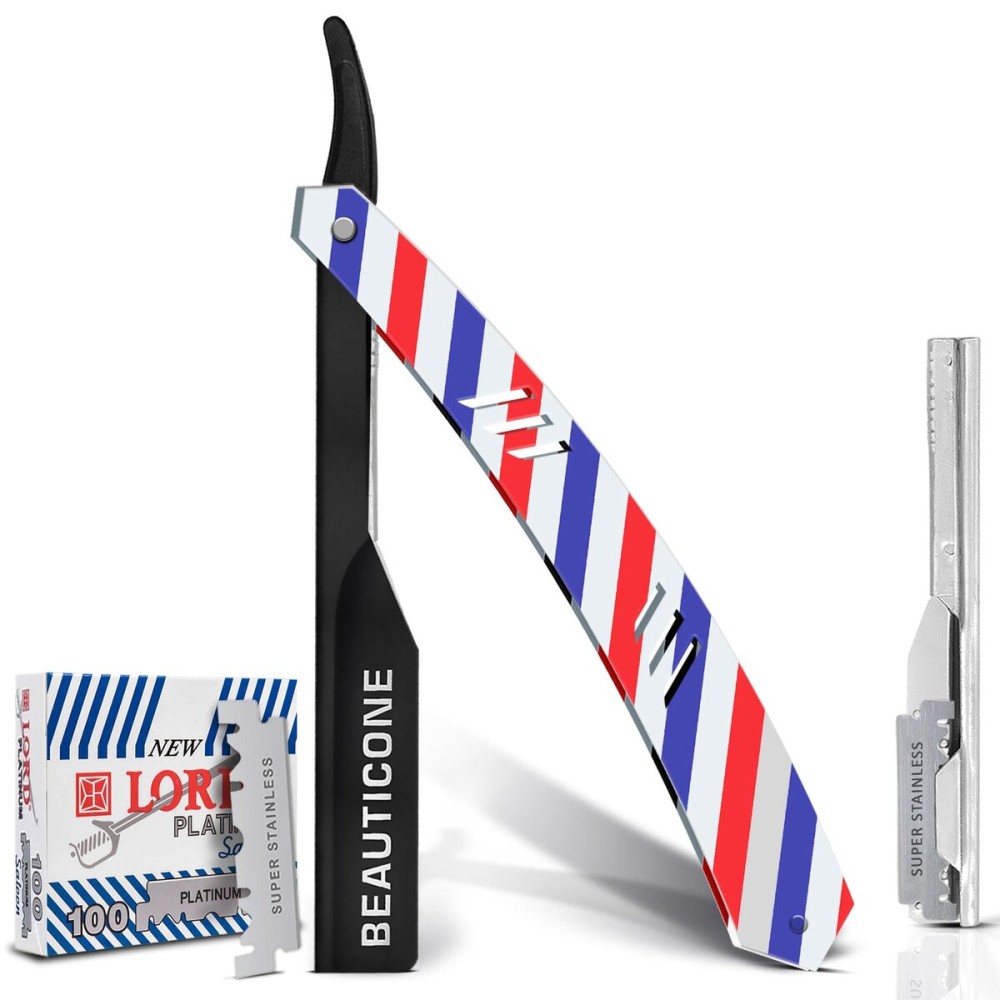 BEAUTICONE Straight Razors for Men, Straight Edge Razor, 100 Single Edge Blades, Stainless Steel, Barber Razor for Men\'s Shaving, Barber Shaving Knife, Slide-Out