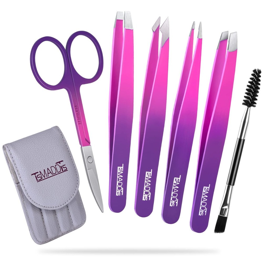 Eyebrow Tweezer Set, TsMADDTs 6PCS Tweezers Set for Women, Precision Tweezer for Eyebrows with Curved Scissor for Ingrown Hair, Hair Plucking Daily Beauty Tools (Pink&Purple)