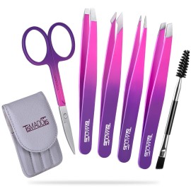 Eyebrow Tweezer Set, TsMADDTs 6PCS Tweezers Set for Women, Precision Tweezer for Eyebrows with Curved Scissor for Ingrown Hair, Hair Plucking Daily Beauty Tools (Pink&Purple)