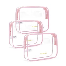 BAGSMART Clear Toiletry Bag, 3 Pack TSA Approved Travel Toiletry bag Carry on Travel Accessories Bag Airport Airline Quart Size Bags Water Repellent Makeup Cosmetic Bag for Women (Pink-3pcs)
