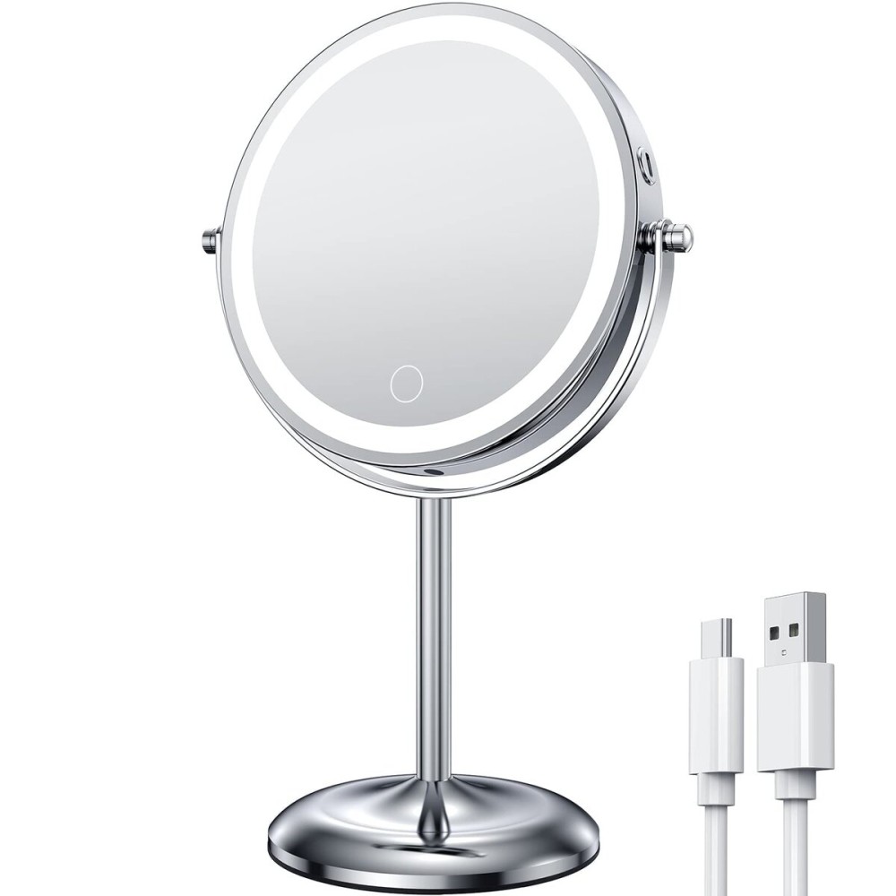Gospire 7 Lighted Makeup Mirror with Magnification 10X/1X, Rechargeable Cordless Stepless Dimming LED Lights, 360 Swivel Magnifying Cosmetic Vanity Standing Mirror for Dresser, Bathroom