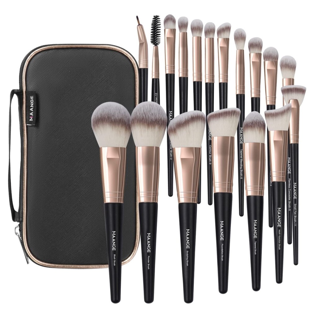 Makeup Brushes with Case, MAANGE 18 Pcs Professional Makeup Brush Set Premium Synthetic Face Kabuki Brush Kit Foundation Blush Powder Eyeshadow Brushes Set Christmas GiftCoffee)