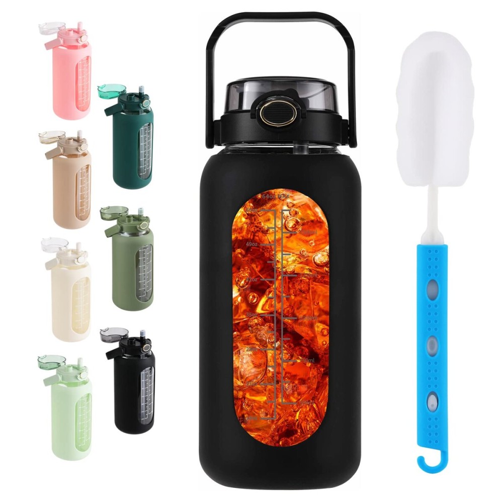 SIEROZUR 64oz Glass Water Bottle with Straw and Handle Lid Half Gallon Motivational Glass Bottle with Silicone Sleeve and Time Marker Large Reusable Sports Water Jug for Gym Home Workout