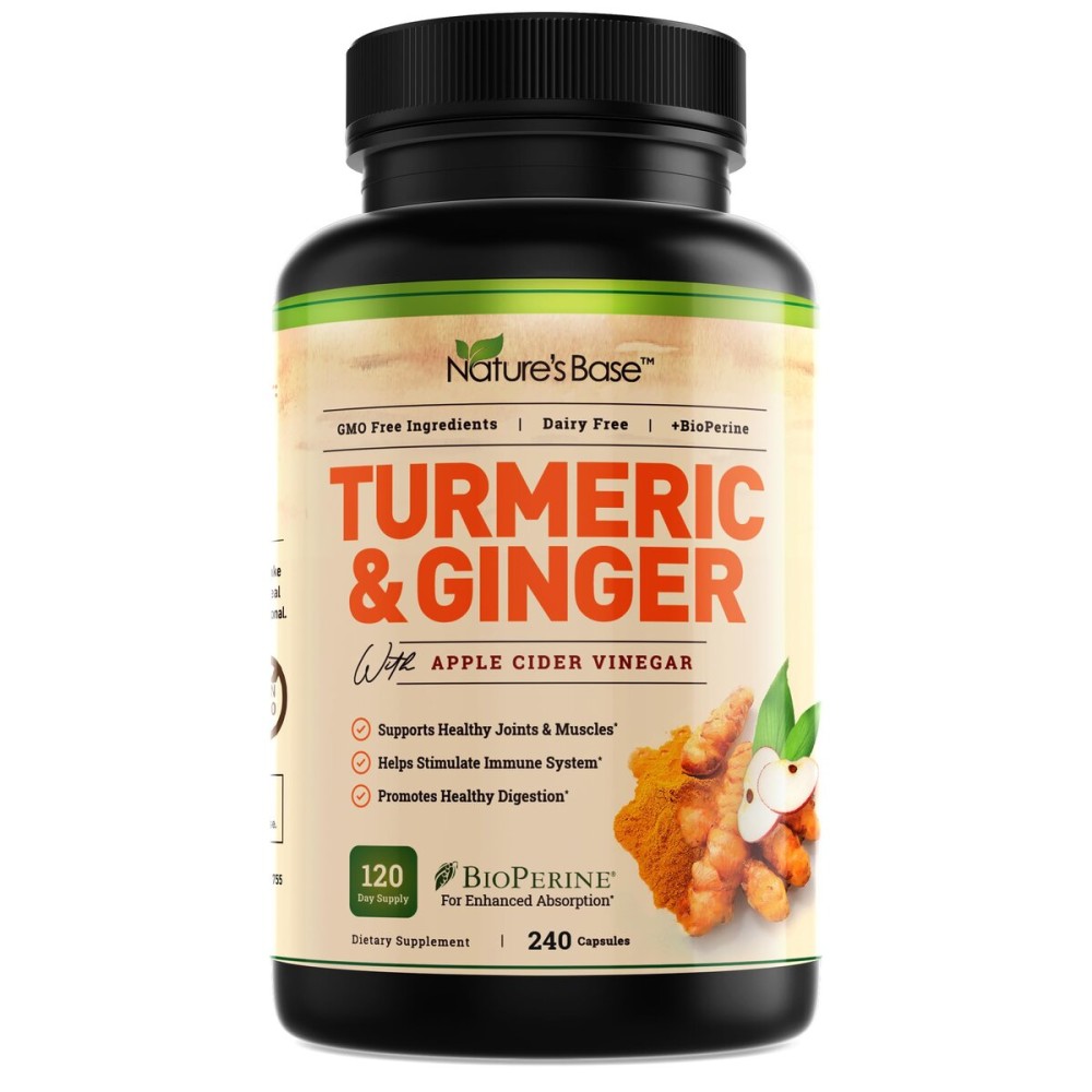 Nature\'s Base Turmeric and Ginger Supplement - with Curcumin, Apple Cider Vinegar & BioPerine Black Pepper Extract - 95% Curcuminoids - 240 Capsules
