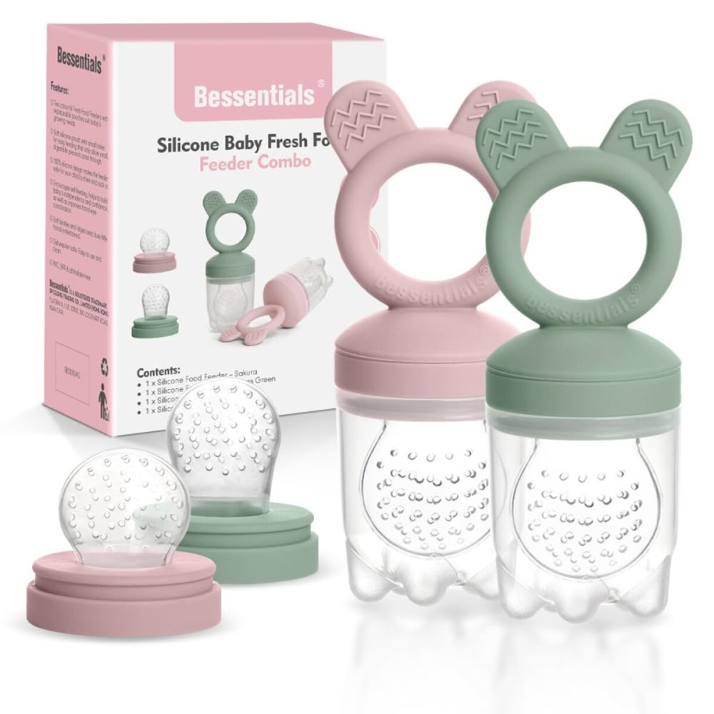 Bessentials Bunny Baby Fresh Fruit Food Feeder - 2 Pack Silicone Mesh Feeders for Infant Safe Self Feeding |3 Sizes Food Pouches Included| Suitable for Baby 4m+ (Light Pink & Grass Green)