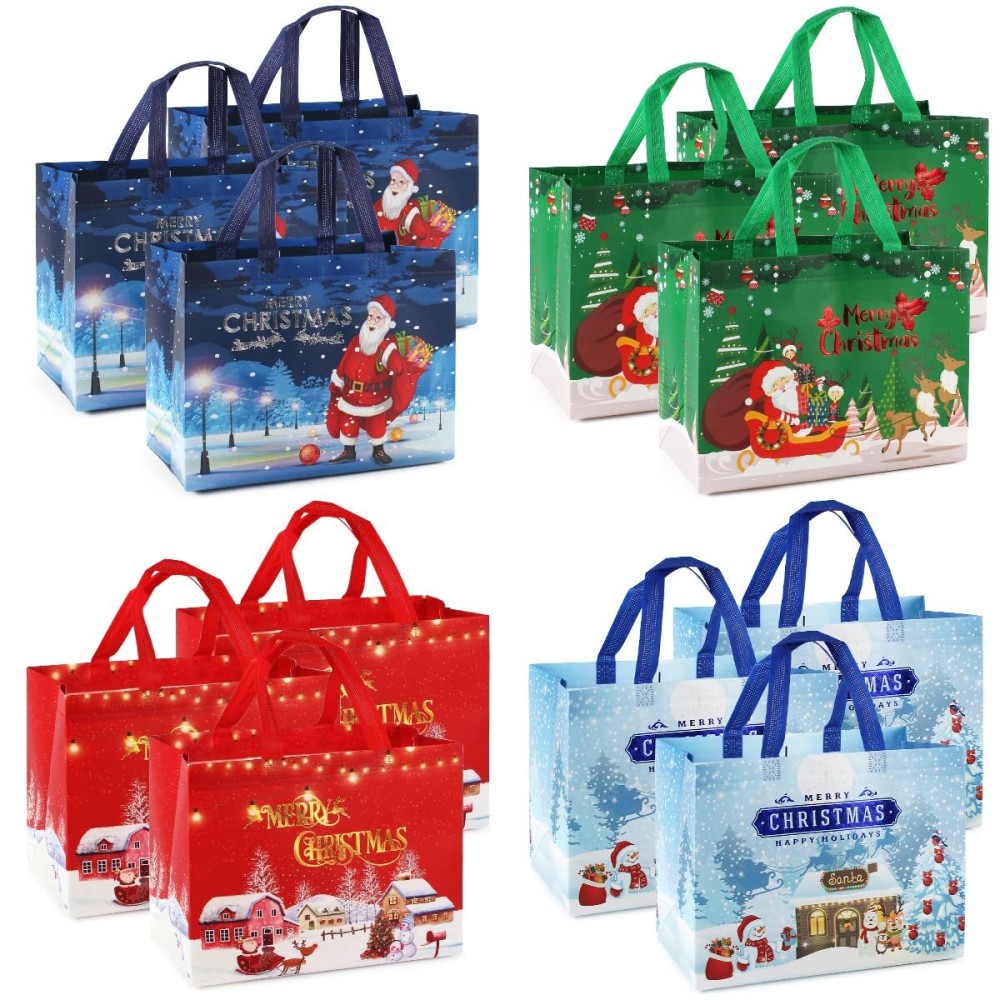 PARSUP 12PCS Christmas Gift Bags, Bronzing Treat Tote Multifunctional Non-Woven Bags with Handles for Gifts Wrapping Shopping, Xmas Party Supplies, 12.89.86.7