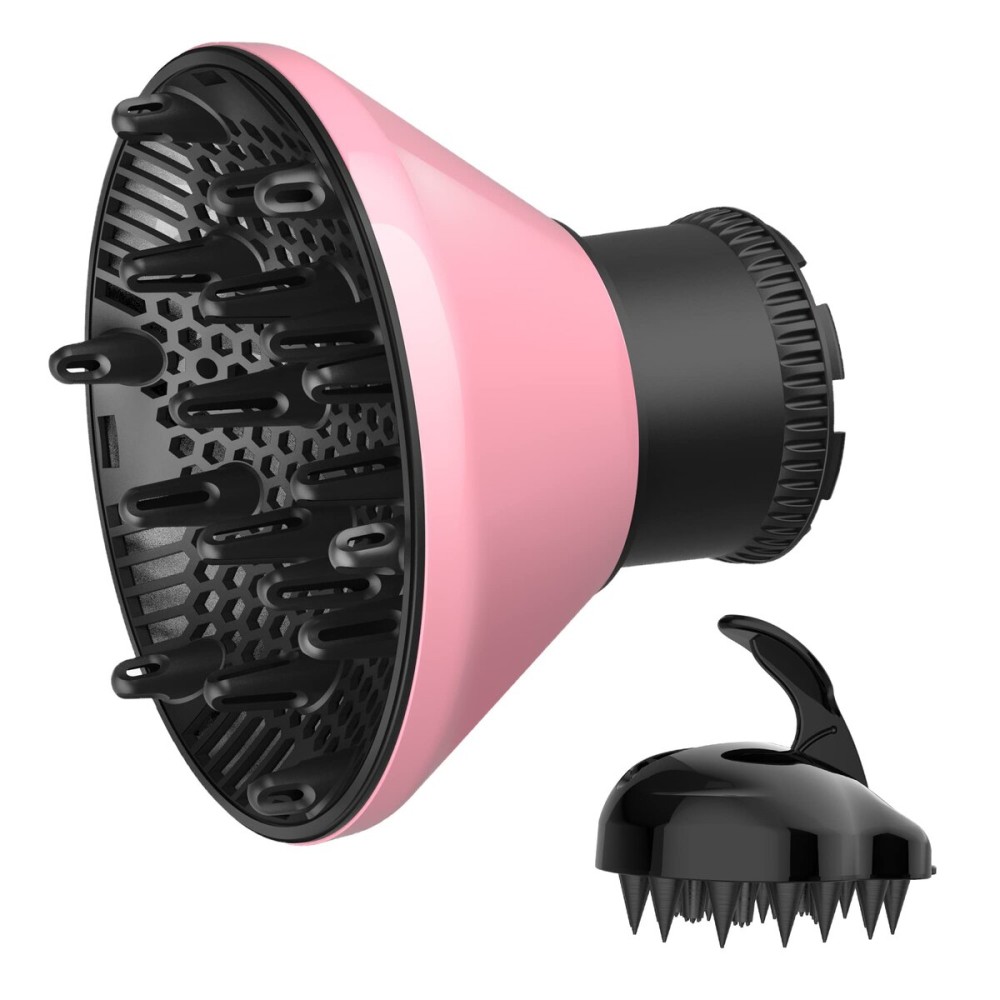 Universal Hair Diffuser Adaptable Hair Dryer Attachment for Blow Dryer Nozzles from 1.7 to 2.2 inch Diameter (Pink with Shampoo Brush)