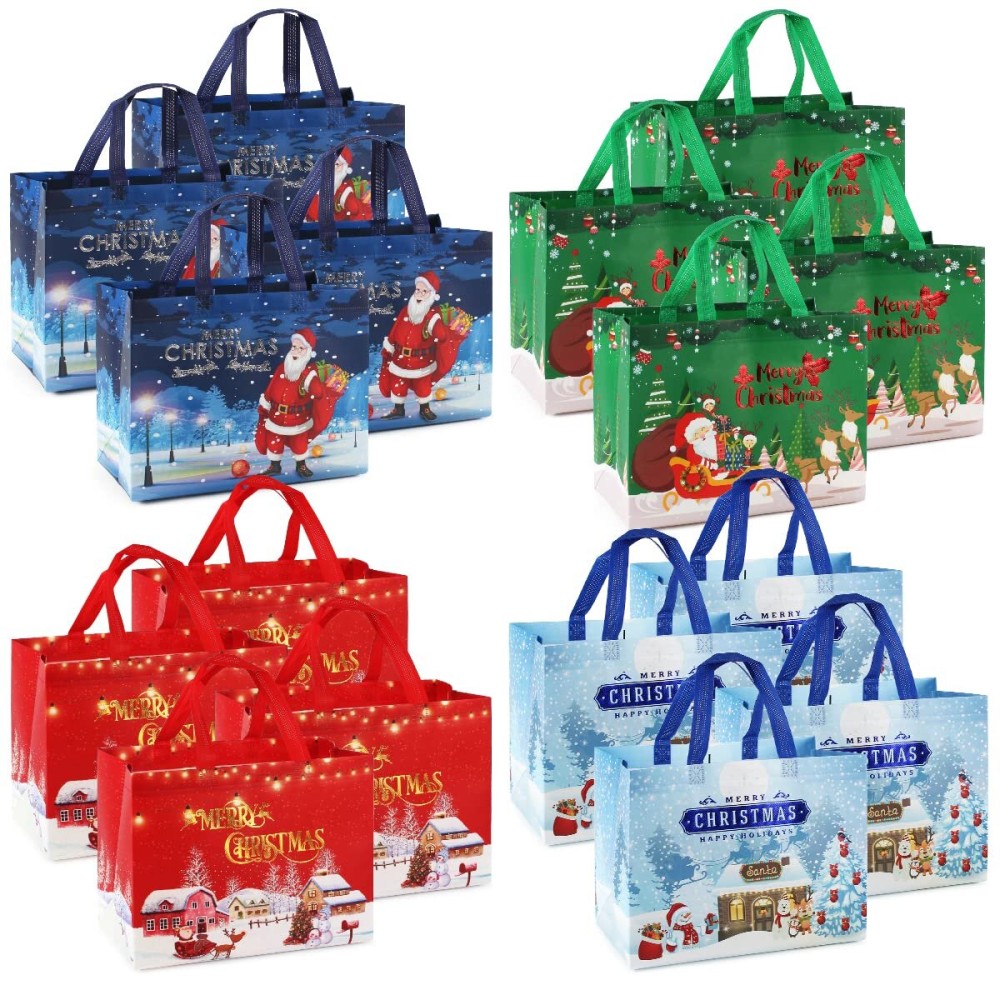 PARSUP 16PCS Christmas Gift Bags, Bronzing Treat Tote Multifunctional Non-Woven Bags with Handles for Gifts Wrapping Shopping, Xmas Party Supplies, 12.89.86.7