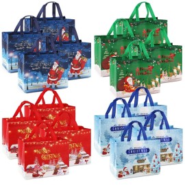 PARSUP 16PCS Christmas Gift Bags, Bronzing Treat Tote Multifunctional Non-Woven Bags with Handles for Gifts Wrapping Shopping, Xmas Party Supplies, 12.89.86.7