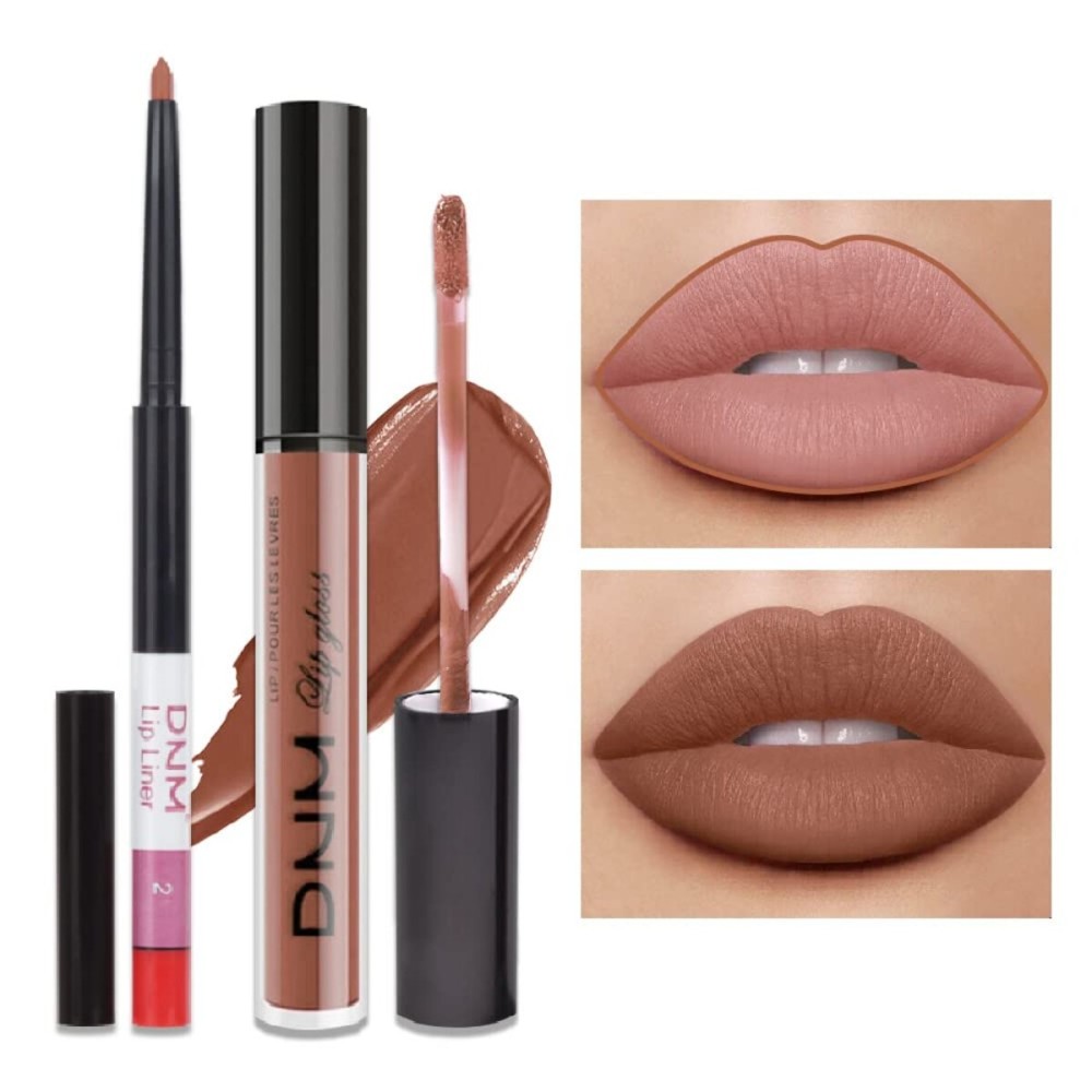 evpct 2Pcs Medium Brown Beige Lip Liner and Matte Lipstick Makeup Sets Vegan Lipstick Lip Liner and Gloss Set Long Lasting Waterproof labiales mate 24 horas originales matte larga duracion 24 25