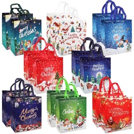PARSUP 8PCS Christmas Gift Bags, Bronzing Treat Tote Multifunctional Non-Woven Bags with Handles for Gifts Wrapping Shopping, Xmas Party Supplies, 12.89.86.7