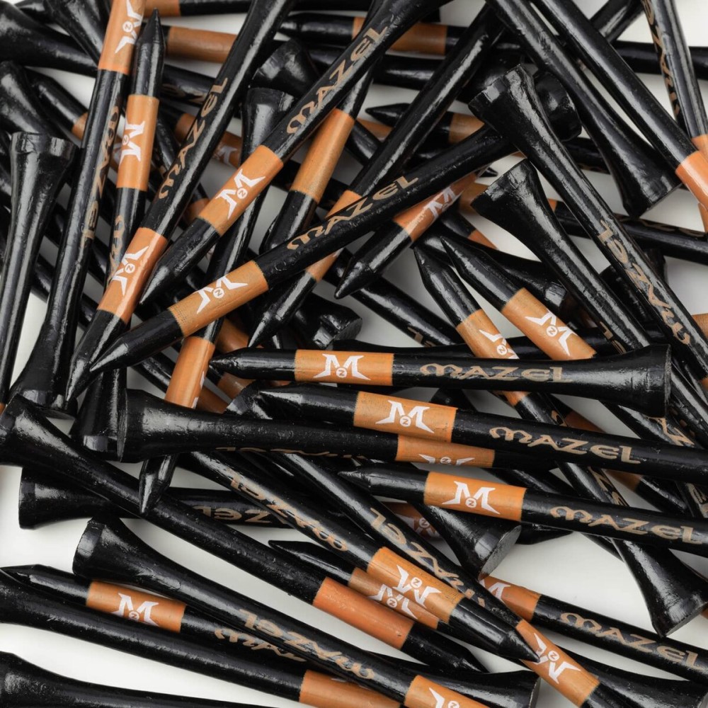 MAZEL Natural Wood/Bamboo Golf Tees 2 3/4 Inch & 3 1/4 Inch,Pack 50 or 120,Reduce Friction & Side Spin,More Stable Golf Tees (50 Pack(25 * 2-3/4+25 * 3-1/4),Orange Black)