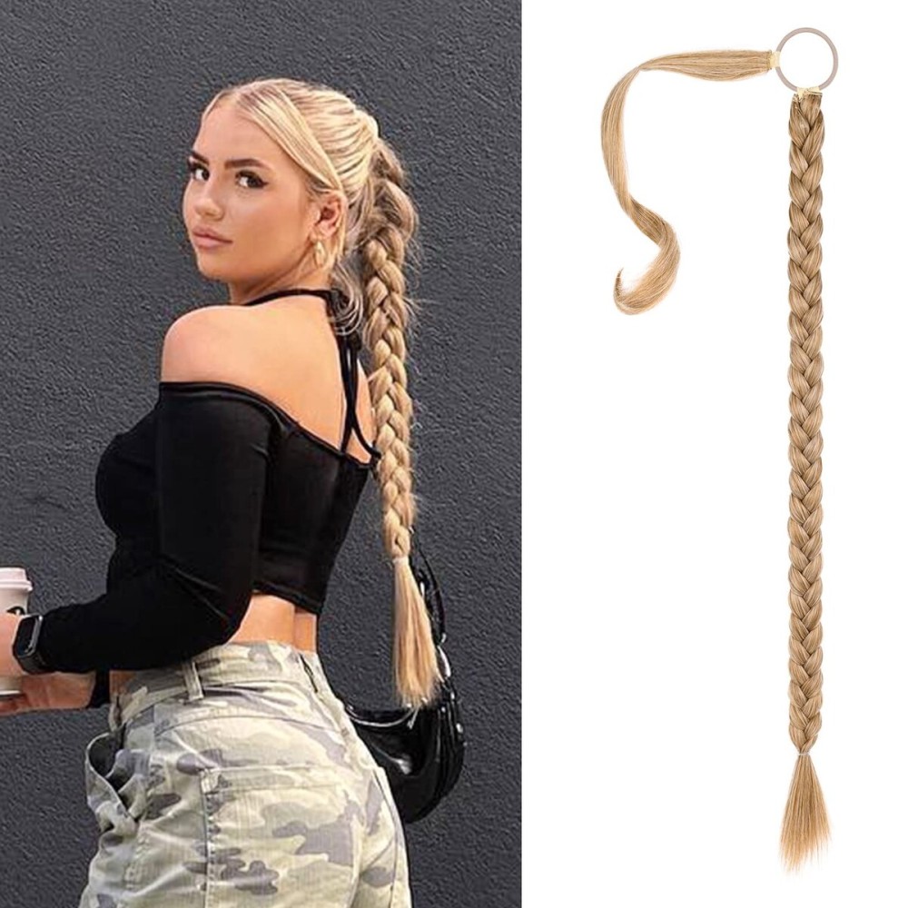 SEIKEA Upgraded Long Braid Ponytail Extension with Elastic Tie Straight Sleek Wrap Around Braid Hair Extensions Ponytail Golden Blonde Highlights 34 Inch (After Braided 30 Inch)
