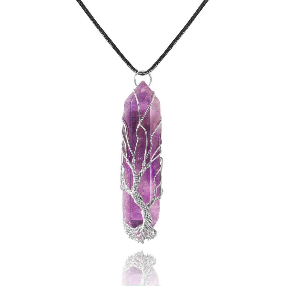 VIBILIA Healing Crystal Necklace Tree of Life Wire Wrapped Natural Amethyst Stone Point Pendant Necklace Hexagonal Reiki Spiritual Quartz Gemstone Jewelry for Women Men - Silver