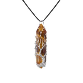 VIBILIA Healing Crystal Necklace Tree of Life Wire Wrapped Natural Tigerite Stone Point Pendant Necklace Hexagonal Reiki Spiritual Quartz Gemstone Jewelry for Women Men - Silver