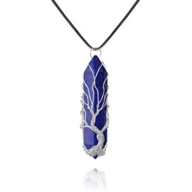 VIBILIA Healing Crystal Necklace Tree of Life Wire Wrapped Lapis Lazuli Stone Point Pendant Necklace Hexagonal Reiki Spiritual Quartz Gemstone Jewelry for Women Men - Silver