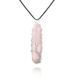 VIBILIA Healing Crystal Necklace Tree of Life Wire Wrapped Natural Rose Quartz Stone Point Pendant Necklace Hexagonal Reiki Spiritual Quartz Gemstone Jewelry for Women Men - Silver