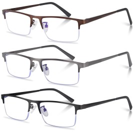 Anourney 3-Pack Reading Glasses for Men, Lightweight Metal Half Frame Blue Light Blocking Computer Readers, Stylish Filter UV Ray/Computer Glare with Spring Hinge Eyeglasses(3PCS Mix Color,+3.5)