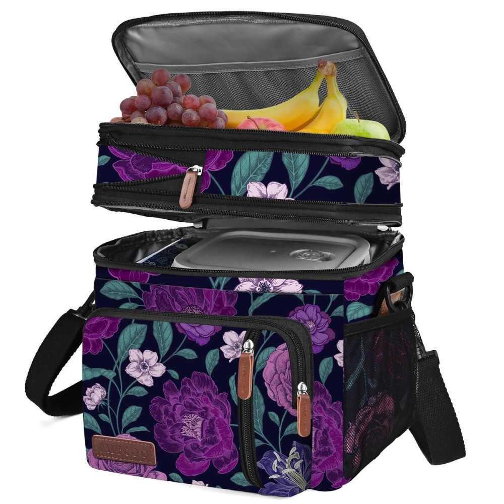 MIYCOO Lunch Bag & Lunch Box for Women Men, Double Deck Leakproof Insulated Soft Large Adult Camping Cooler bag for Work, Beach, Picnic, Travel (Purple Flower, 15L)