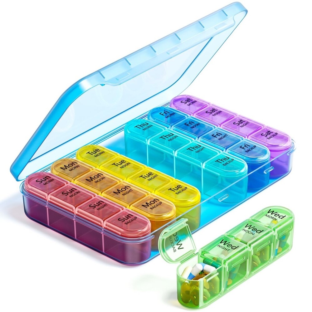 Odaro Weekly Pill Organizer 4 Times a Day, Daily Pill Box 7 Day, Large Travel Pill Case with 28 Compartment to Hold Medicine, Vitamin and Supplement - Blue Case