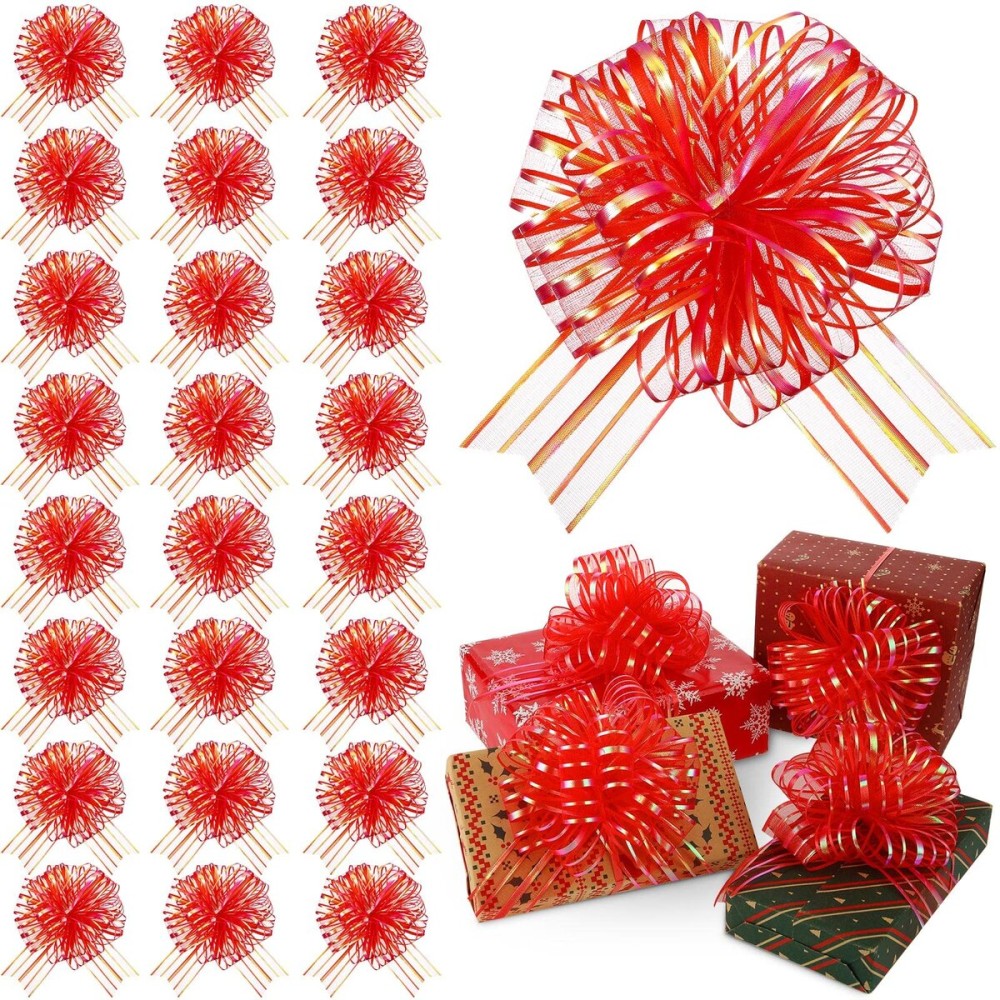 Poen 24 Pcs Organza Pull Bows Christmas 6 Inch Large Gift Wrapping Ribbon Bows Crafts for Present Wrapping with Ribbon for Gift Baskets Wedding Valentine Party Decor(Red)