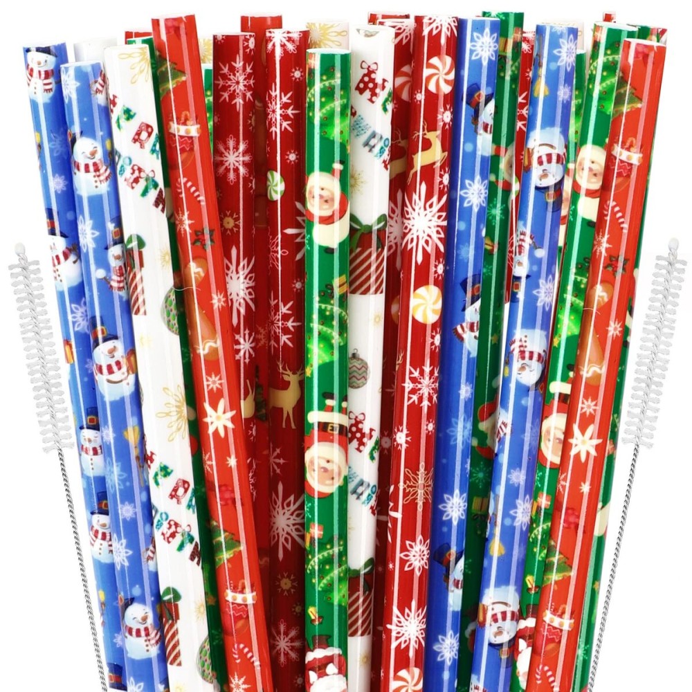 JANYUN 30 Pieces Christmas Drinking Straws BPA-Free 9inch Printing Hard Plastic Reusable Straws Xmas Balls Snowflake Elk Straw for Family Party Favors Supplies Cleaning Brush