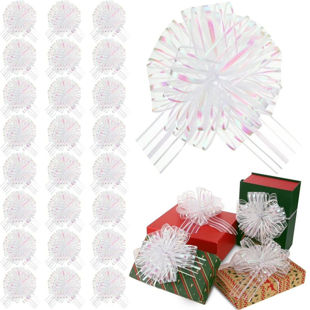 Poen 24 Pcs Christmas Pull Bows for Gift Wrapping Large 6 Inch Organza Crafts Bows for Present Wrapping with Ribbon for Gift Baskets, Wedding, Valentine(White)