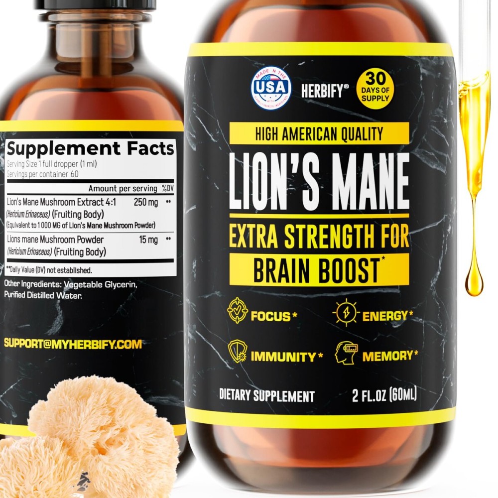 HERBIFY Lions Mane Supplement - Daily Mushroom Supplement for Memory, Focus & Clarity - Brain Booster - Lions Mane Tincture for Immune Support - 2 Fl oz