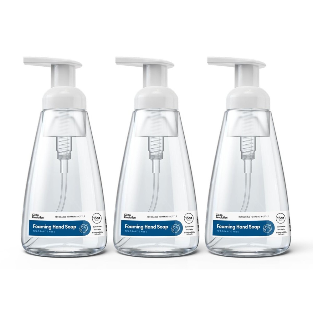 Clean Revolution Ready to Use Foaming Hand Soap| Three Pack | Jumbo 15oz Bottles | Gentle, Moisturizing & Eco-Friendly | Real Essential Oils | Fragrance Free | 45 Total Fl Oz, Clear