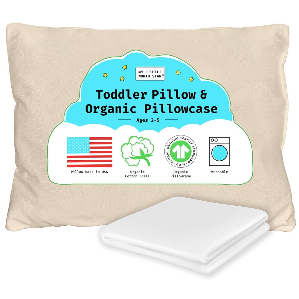 Organic Toddler Pillow Made in the USA and Organic Cotton Pillowcase - 13x18 Soft Natural Cotton Toddler Pillow for Sleeping - Washable Baby Nap Pillow - Travel Pillow - Kids Sleeping Bedding