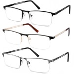 JJWELL 3 Pack Mens Reading Glasses Blue Light Blocking, Metal Rectangle Semi Rimless Readers for Men, Anti Eyestrain/Computer Glare/UV, Half Frame Spring Hinge Eyeglasses with Pouches(3.50)