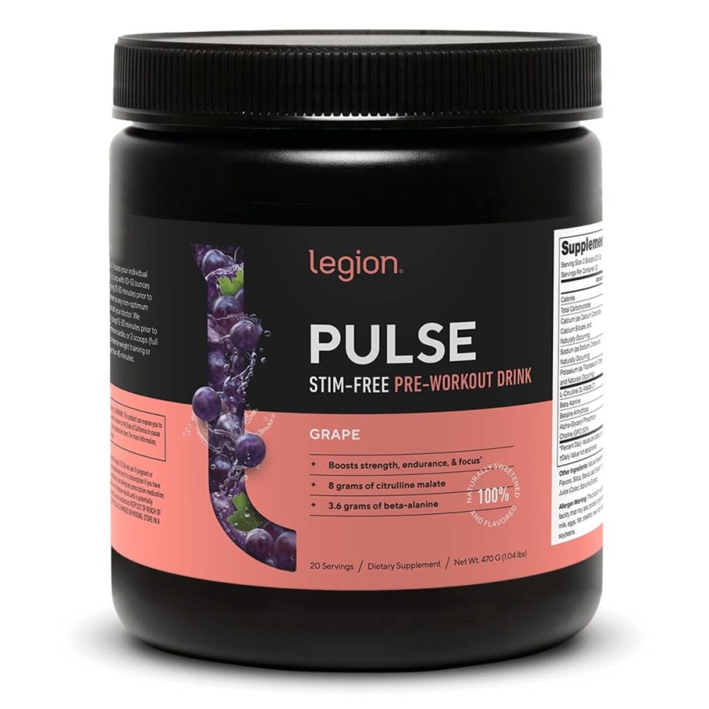 LEGION Pulse Pre Workout Supplement - All Natural Nitric Oxide Preworkout Drink to Boost Energy, Creatine Free, Naturally Sweetened, Beta Alanine, Citrulline, Alpha GPC (Caffeine Free Grape)