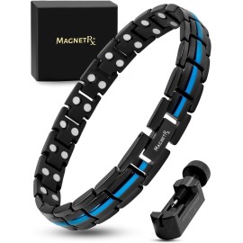 MagnetRX Thin Blue Line Bracelet for Women - Ultra Strength Magnetic Titanium Bracelets - Adjustable Length & Sizing Tool - Police Support Black and Blue Bracelet (Blue Line)