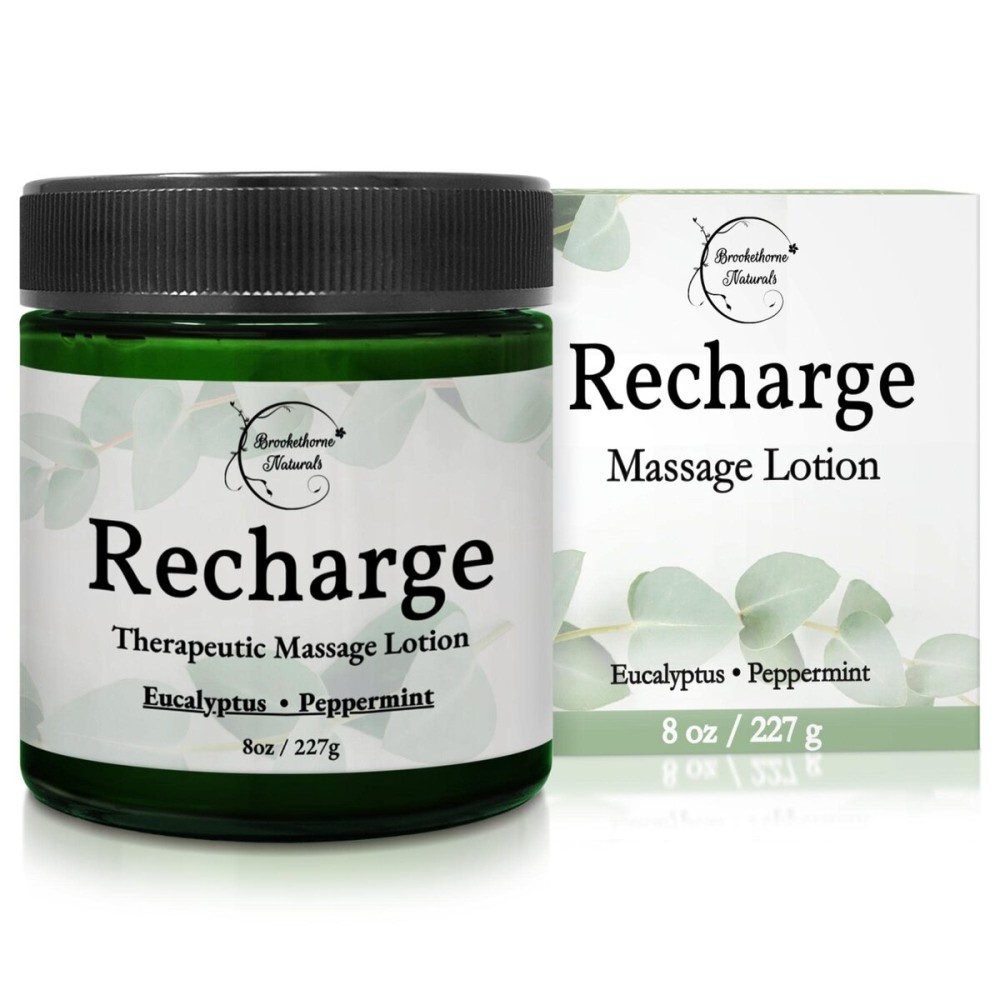 Recharge Massage Lotion for Massage Therapy & Home Use | Cream for Effortless Glide Massaging Body Lotion | Shea Butter, Coconut Oil, Eucalyptus, Peppermint Essential Oil - Brookethorne Naturals