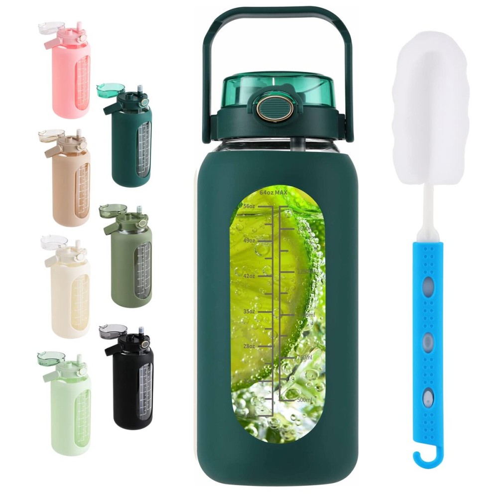 SIEROZUR 64oz Glass Water Bottle with Straw and Handle Lid Half Gallon Motivational Glass Bottle with Silicone Sleeve and Time Marker Large Reusable Sports Water Jug for Gym Home Workout