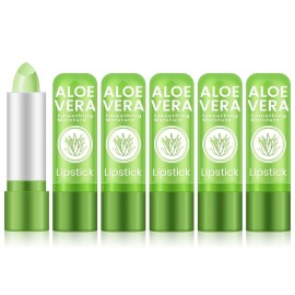 Ownest 5 Pcs Aloe Vera Lip Balm, PH Color Changing Lipstick, Change from Green to Natural Pink, Deep Hydrating Tinted Lip Balm, Daily Lip Moisturizer for Dry Cracked Lips, with Real Aloe Vera