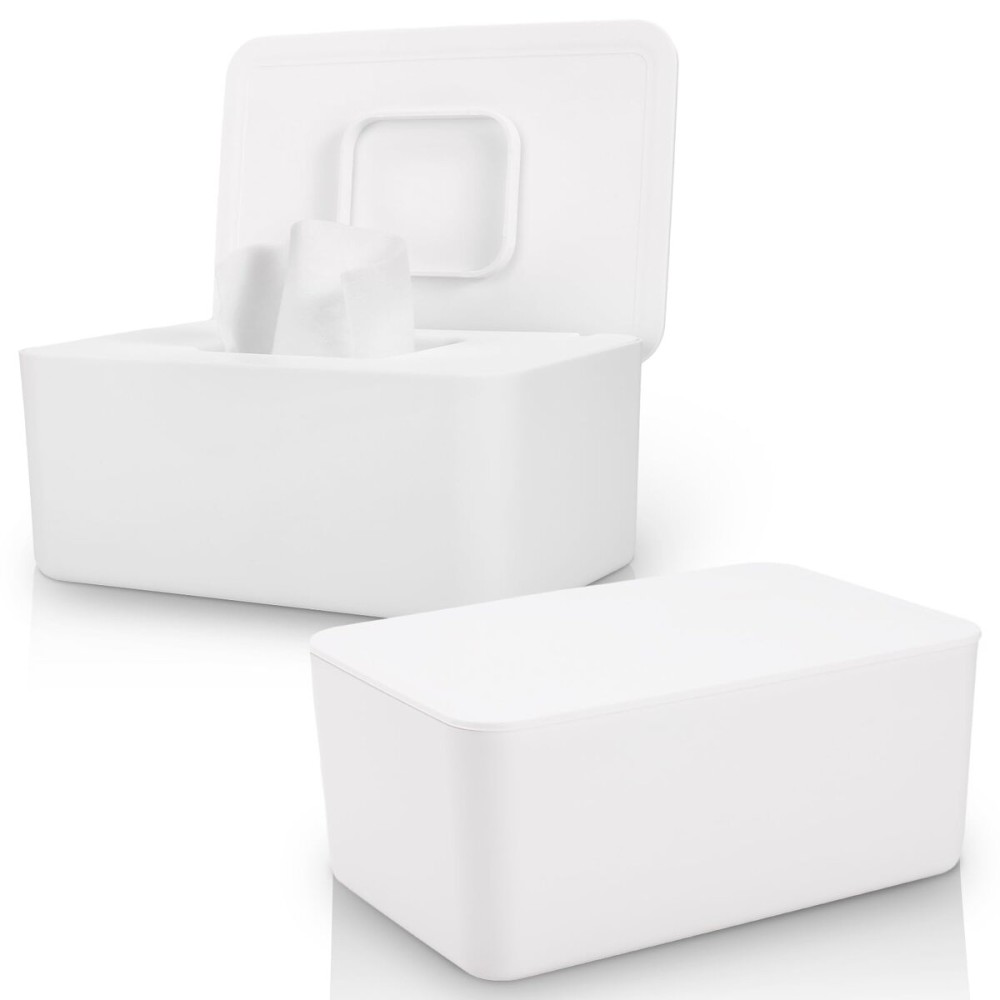 2 Pack LEQXGO Baby Wipes Dispenser, Wipes Dispenser Baby Wipes Case, Baby Wipe Holder for Fresh Wipes, Non-Slip Wipes Case, Wipe Container with Sealing Design Lid (White and White)