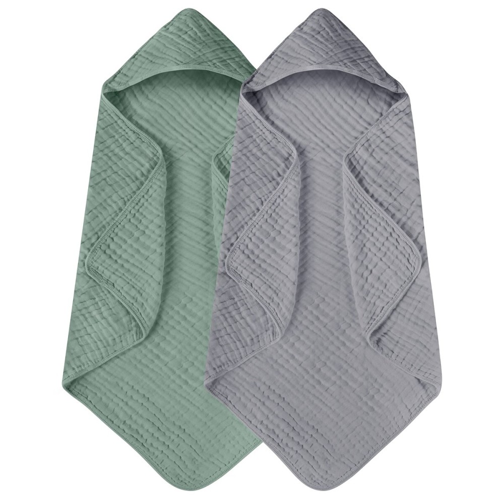 Yoofoss Hooded Baby Towels for Newborn 2 Pack 100% Muslin Organic Cotton Baby Bath Towel with Hood for Babies, Infant, Toddler and Kids, 32x32Inch, Soft and Absorbent Newborn Essential,Grey&Dark Green