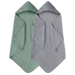 Yoofoss Hooded Baby Towels for Newborn 2 Pack 100% Muslin Organic Cotton Baby Bath Towel with Hood for Babies, Infant, Toddler and Kids, 32x32Inch, Soft and Absorbent Newborn Essential,Grey&Dark Green